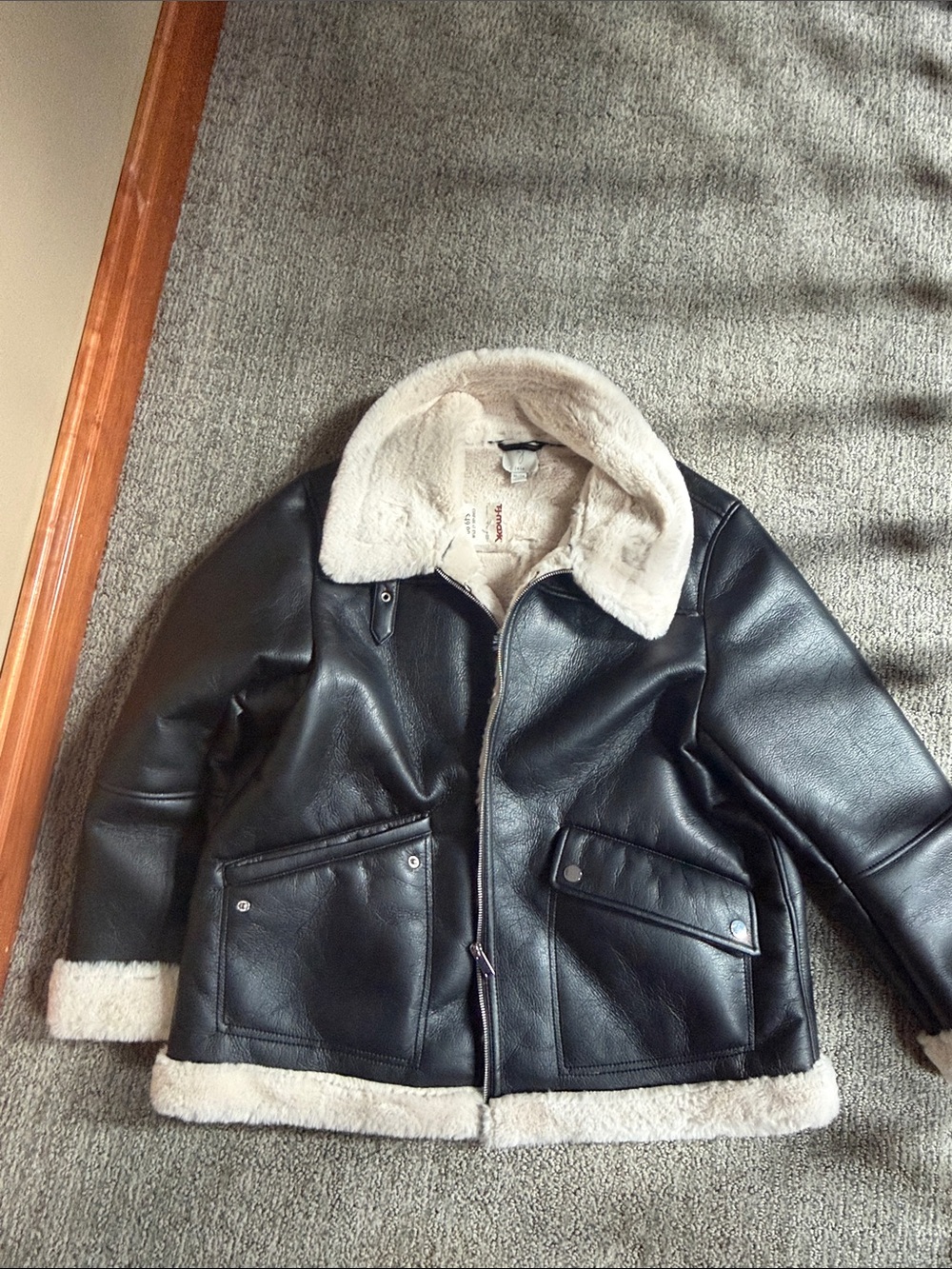Classic Black Faux Leather Shearling Coat with Cream Trim
